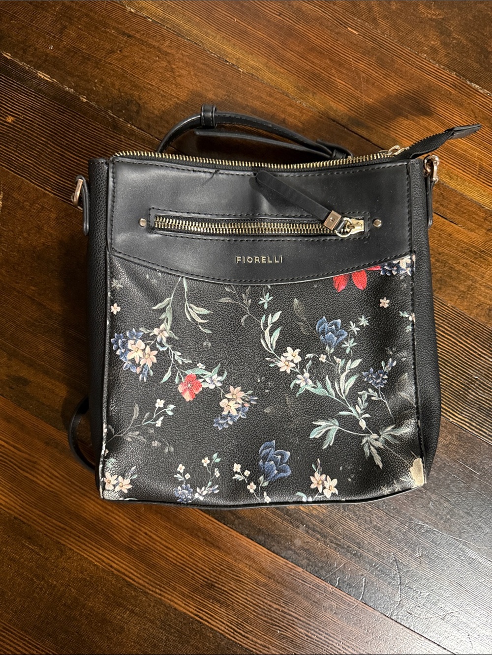 Fiorelli Black Floral Crossbody Bag with Front Zip and Top Handle